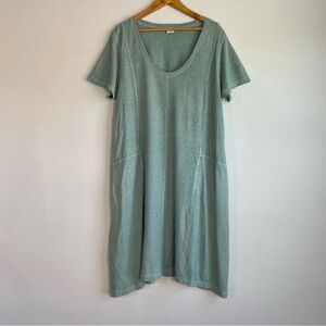 Poetry Hemp Cotton Lagenlook Midi Dress‎ Size 12 V-Neck Short Sleeves Pockets
